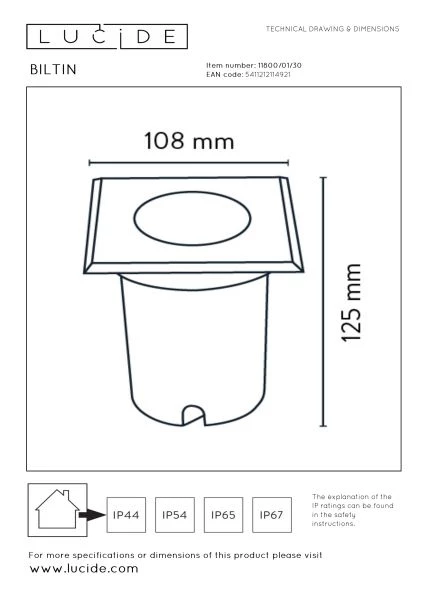 Lucide BILTIN - Spot de sol Intérieur/Extérieur - 1xGU10 - IP67 - Noir - technique